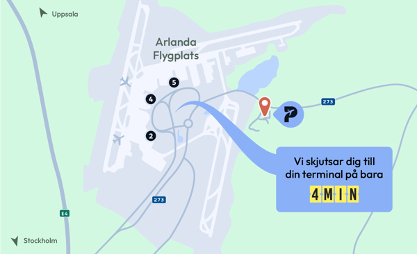 Karta som visar hur Lindskrog långtidsparkering ligger i förhållande till Arlanda flygplats.